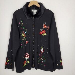 Kikit Christmas Embellished Sweater 2X Black Removable Faux Fur Collar Festive